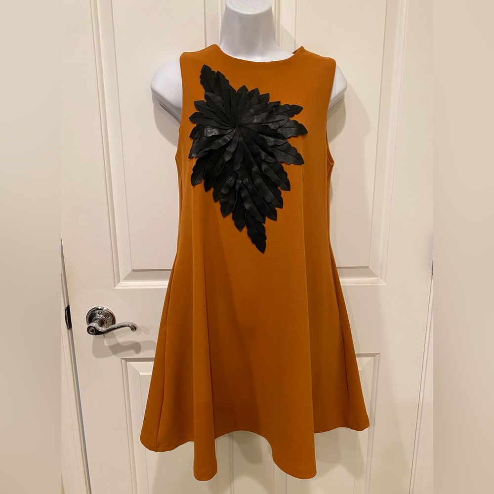 Gracia Mustard Dress with Faux Leather Black Leaf Detail